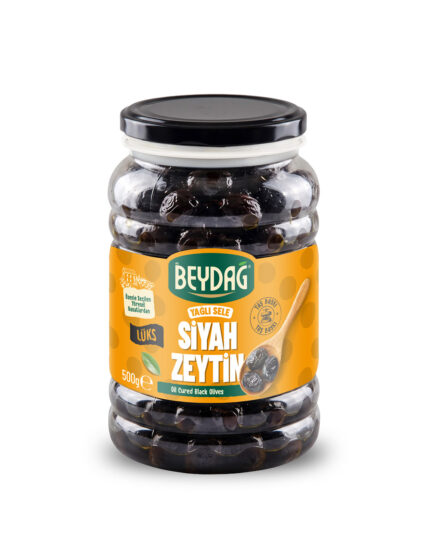 Beydag-YagliSele-SiyahZeytin-Luks-500g-Mockup Beydağ 291-320 Lüks Yağlı Sele Siyah Zeytin 500 gr